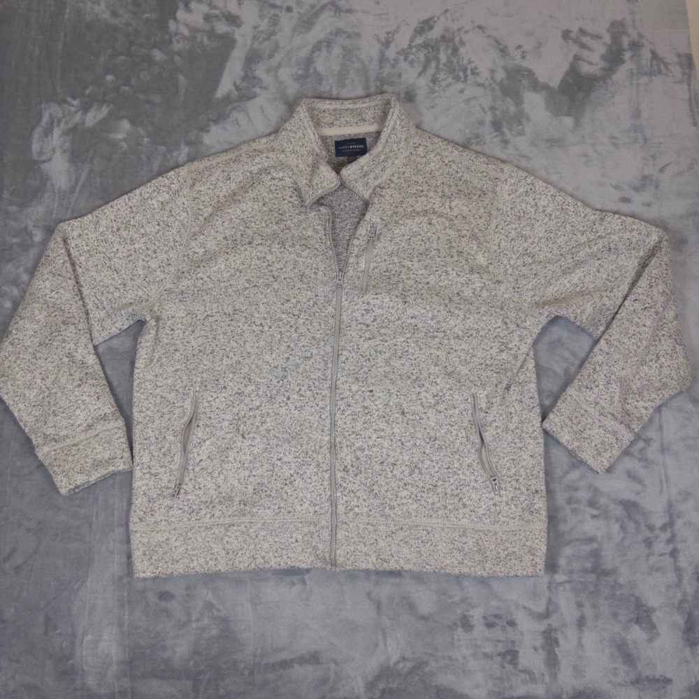 Lucky Brand Full Zip Sweater Jacket Mens XXL Grey Marl Fleece Lined Mock Neck